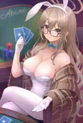  absurdres akane_(blue_archive) akane_(bunny)_(blue_archive) animal_ears blue_archive breasts brown_eyes brown_hair card cleavage fake_animal_ears female glasses gloves halo highres holding holding_card large_breasts leotard nomio official_alternate_costume plaid_shawl playboy_bunny playing_card poker_chip poker_table rabbit_ears shawl smile solo strapless strapless_leotard table 