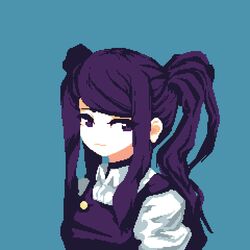  4qw5 apron black_hair closed_mouth collared_shirt female jill_stingray looking_at_viewer lowres pixel_art purple_eyes shirt twintails va-11_hall-a white_shirt 