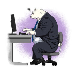  1:1 2010 anthro bear belly black_nose bottomwear chair clothing computer electronics fur furniture humanoid_hands jin_(artist) kemono male mammal necktie overweight overweight_male pants polar_bear shirt sitting solo suit topwear ursine white_body white_fur 