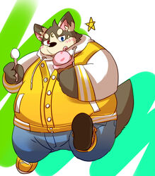  2016 anthro belly big_belly blush bottomwear canid canine canis clothing dessert domestic_dog food hoodie ice_cream kemono male mammal natamaru_a overweight overweight_male pants popori solo tera_online tongue tongue_out topwear 