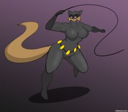  action_pose anthro batman_(series) big_breasts bodysuit breasts catwoman chrisandcompany clothing cosplay dc_comics domestic_cat felid feline felis female mammal mask pose skinsuit small_head solo tight_clothing whip 