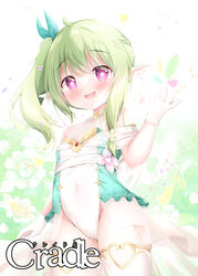  :d bare_shoulders blush breasts commentary covered_navel elf english_commentary female flower flower-shaped_pupils gloves green_hair hand_up heart highres leotard looking_at_viewer original pink_flower pointy_ears purple_eyes renew_vivi see-through side_ponytail sidelocks small_breasts smile solo strapless strapless_leotard symbol-shaped_pupils teeth thighhighs upper_teeth_only white_flower white_gloves white_leotard white_thighhighs 