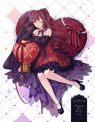  ;) bare_shoulders black_gloves blue_eyes blue_footwear bow brown_hair chinese_commentary closed_mouth commentary_request copyright_name dated dress elbow_gloves female fen_renlei frilled_pillow frills full_body gloves hairbow heart heart-shaped_pillow heart_background high_heels ichinose_shiki idolmaster idolmaster_cinderella_girls idolmaster_cinderella_girls_starlight_stage long_hair one_eye_closed pearl_anklet photoshop_(medium) pillow red_bow red_dress shirt shoes sleeveless sleeveless_shirt smile solo strapless strapless_dress striped striped_bow two_side_up very_long_hair white_background white_shirt 