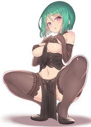  baakurou bare_shoulders black_bra black_corset black_footwear black_gloves black_thighhighs blush bob_cut bra breasts commentary corset elbow_gloves female gloves green_hair hair_between_eyes highres kiratto_pri_chan lace lace-trimmed_legwear lace_trim looking_at_viewer medium_breasts midorikawa_sara navel necktie open_mouth pelvic_curtain pink_eyes pretty_series short_hair solo squatting sweat thighhighs underwear 