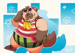  2016 anthro banana belly big_belly blush bodily_fluids brown_body brown_fur canid canine canis clothing domestic_dog eyewear food fruit fur kemono male mammal melon natamaru_a overweight overweight_male plant popori shirt solo sunglasses sweat tera_online topwear watermelon 