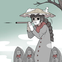  &lt;o&gt;_&lt;o&gt; ajirogasa black_eyes black_hair blowgun blunt_bangs braid branch cloud coat commentary_request dart female gradient_sky grey_coat hat highres holding holding_weapon jizou long_earlobes long_hair long_sleeves outdoors peroponesosu. red_scarf scarf sky snow solo standing statue touhou weapon yatadera_narumi 