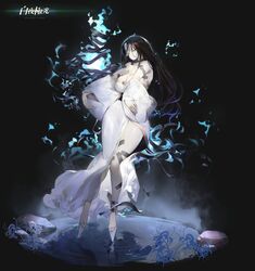  alchemy_stars bare_shoulders black_hair breasts cleavage closed_mouth copyright_name detached_sleeves dress female flower full_body highres jiangshi kayano_(alchemy_stars) koio large_breasts long_hair looking_at_viewer official_art ofuda outstretched_arms platform_footwear reflection ripples rock sandals solo spider_lily spirit standing standing_on_liquid strapless strapless_dress tearing_up water white_dress yellow_eyes 