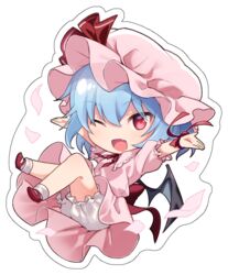  ;d bat_wings bloomers blue_hair blush chibi commentary_request female full_body hat looking_at_viewer mob_cap neck_ribbon oerba_yun_fang one_eye_closed open_mouth outstretched_arms pink_hat red_eyes red_ribbon remilia_scarlet ribbon short_hair smile solo touhou underwear wings yuki_(popopo) 