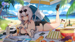  animal apple ass azur_lane bag bare_shoulders beach beach_mat bikini bird black_bikini black_cat black_footwear bottle breasts cellphone chick cleavage cloud cup day drinking_glass drinking_straw eyewear_on_head feline female food fruit grapes grey_hair hair_between_eyes halterneck heart heart-shaped_eyewear highres innertube kneepits ku-ini large_breasts leg_up looking_at_viewer lotion_bottle lying magazine_(object) mango manjuu_(azur_lane) ocean off_shoulder official_alternate_costume official_art on_stomach outdoors palm_tree parted_lips phone picnic_basket pier red_eyes sand sandals sandwich scrunchie second-party_source see-through shade short_hair sirius_(azur_lane) sirius_(scorching-hot_seirios)_(azur_lane) smartphone solo sunglasses sunlight swim_ring swimsuit thighs tree tropical_drink turret water watermark wrist_scrunchie 