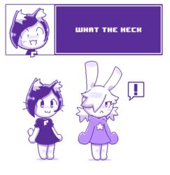  annie_(disfigure/rafielo) blush clothing digital_media_(artwork) disfigure domestic_cat dress duo exclamation_point felid feline felis female garcia hair hair_over_eye happy hoodie lagomorph leporid mammal one_eye_obstructed pixel_(artwork) rabbit shocked star text topwear 