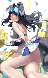  absurdres animal_ears arm_support ass back bad_id bad_pixiv_id banana_oekaki bangle bare_legs bare_shoulders black_hair blue_archive blue_eyes blush bracelet breasts cheerleader commentary crop_top dog_ears dog_girl dog_tail eyewear_on_head female goggles goggles_on_head halo hibiki_(blue_archive) hibiki_(cheer_squad)_(blue_archive) highres holding holding_pom_poms jewelry long_hair looking_at_viewer millennium_cheerleader_outfit_(blue_archive) official_alternate_costume open_mouth pom_pom_(cheerleading) ponytail sitting skindentation skirt solo star_sticker sticker_on_face sunglasses tail thighs wet white_skirt 