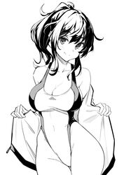  bad_id bad_pixiv_id bare_shoulders blush breasts cleavage closed_mouth collarbone competition_swimsuit covered_navel female greyscale highleg highleg_swimsuit highres jacket kekemotsu large_breasts long_hair looking_at_viewer monochrome off_shoulder one-piece_swimsuit open_clothes open_jacket original ponytail sidelocks simple_background smile solo standing swimsuit thighs 