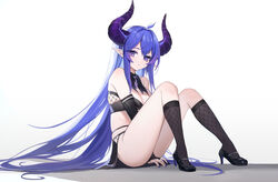  absurdres ahoge ass bad_id bad_pixiv_id bandeau bare_shoulders between_legs black_footwear black_skirt black_socks breasts cleavage demon_horns detached_collar detached_sleeves diamond-shaped_pupils diamond_(shape) female high_heels highres horns lalazyt long_hair long_sleeves looking_at_viewer md5_mismatch medium_breasts midriff miniskirt nail_polish original parted_lips pointy_ears purple_eyes purple_hair revealing_clothes simple_background sitting skindentation skirt socks solo strapless symbol-shaped_pupils thighs very_long_hair white_background 