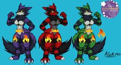  3_fingers 3_toes abs anthro bandai_namco black_body black_fur black_markings blue_background blue_body blue_fur blue_hair claws digimon digimon_(species) eyebrows feet female fingers fur generation_7_pokemon green_body green_eyes green_fur green_hair group hair incineroar kgh786 markings muscular nintendo pokemon pokemon_(species) red_body red_fur red_hair renamon signature simple_background standing toe_claws toes tuft yellow_sclera 