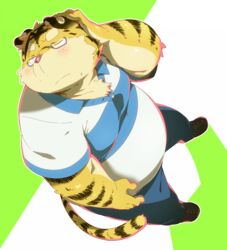  2013 anthro belly blush bottomwear clothing eyewear felid glasses hinami humanoid_hands kemono male mammal musyou_rokujou_life overweight overweight_male pantherine pants shirt simple_background solo tiger topwear 