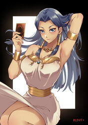  arm_behind_head arm_up armlet black_hair blue_eyes blush bracelet breasts card curvy dark-skinned_female dark_skin dress egyptian egyptian_clothes eye_of_horus female gold hair_tubes highres holding holding_card isis_ishtar jewelry large_breasts long_hair looking_at_viewer mibry_(phrysm) millennium_necklace solo trading_card white_dress yu-gi-oh! yu-gi-oh!_duel_monsters 