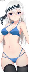  absurdres ass_visible_through_thighs bikini black_ribbon black_thighhighs blue_bikini blue_eyes blush breasts closed_mouth collarbone commentary cowboy_shot curvy double-parted_bangs english_commentary expressionless female frown groin hair_between_eyes hair_ornament hair_ribbon halterneck highres kaguya-sama_wa_kokurasetai_~tensai-tachi_no_renai_zunousen~ lips long_hair looking_at_viewer medium_breasts multi-strapped_bikini navel o-ring o-ring_bikini o-ring_bottom o-ring_top paid_reward_available ribbon roswell_ss shiny_skin shirogane_kei sidelocks simple_background skindentation solo standing stomach string_bikini swimsuit thigh_gap thighhighs thighs twitter_username white_background white_hair 