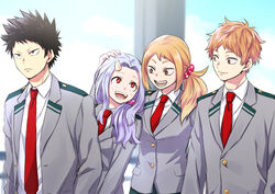  2boys 2girls aged_up black_hair blazer boku_no_hero_academia brother_and_sister brown_eyes collared_shirt commentary_request eri_(boku_no_hero_academia) headpat horns izumi_kouta jacket long_hair m_(yamaido) multiple_boys multiple_girls necktie open_mouth orange_hair purple_hair school_uniform shimano_katsuma shimano_mahoro shirt siblings single_horn smile teenage u.a._school_uniform 