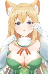  animal_ears arms_up bare_shoulders bimmy blonde_hair blue_eyes blush braid breasts cat_ears cat_girl cleavage dress elbow_gloves embarrassed english_commentary fake_animal_ears female gloves hair_between_eyes highres large_breasts long_hair looking_at_viewer neptune_(series) open_mouth simple_background solo upper_body vert_(neptunia) white_background white_gloves 