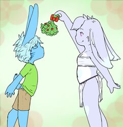  4_ears anthro bandeau bottomwear clothing curtains curvy_figure duo exadian_hybrid female fur heart_symbol holly_(plant) lagomorph leporid loincloth male mammal midriff multi_ear navel pants pastel_theme pink_eyes plant puckered_lips rabbit seraphie short_tail sirocco_zephyrine slim tail topwear voleld 