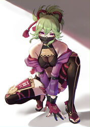  absurdres arm_belt arm_support armor bare_shoulders belt black_gloves black_legwear black_mask breasts covered_mouth crop_top detached_pants feet female fingerless_gloves fishnets full_body genshin_impact gloves gorget green_hair hair_between_eyes hair_ornament hands_on_floor highres jacket japanese_armor knee_up kuki_shinobu layered_gloves light_particles long_sleeves looking_at_viewer mask midriff mouth_mask nail_polish navel ninja_mask off_shoulder partially_fingerless_gloves ponytail purple_eyes purple_jacket purple_nails red_gloves sandals shade shorts sidelocks solo squatting sukoyaka93 tassel thighs toeless_footwear toenail_polish toenails v_arms white_background zouri 