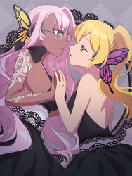  2girls alafare_zamfir_lazarescu backless_outfit black_dress blonde_hair breasts commentary commission commissioner_upload dark-skinned_female dark_skin dress english_commentary glasses highres katherine_orlovsky large_breasts long_hair magnet_(vocaloid) multiple_girls original pink_hair ponytail purple_eyes tattoo yellow_eyes yuikannon yuri 