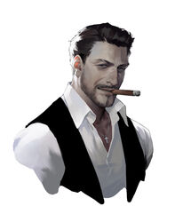  1boy bad_id bad_twitter_id beard black_vest brown_hair cigar collared_shirt commentary cropped_shoulders cross cross_necklace dongho_kang english_commentary facial_hair jewelry looking_at_viewer male_focus manly necklace original parted_lips shirt short_hair simple_background smile smoking solo very_short_hair vest white_background white_shirt 