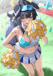  absurdres animal_ears bare_arms bare_shoulders black_hair blue_archive blue_eyes blush breasts cheerleader cleavage confetti cowboy_shot criss-cross_halter crop_top detached_collar dog_ears dog_girl dog_tail eyewear_on_head facial_mark female grass halo halterneck hand_on_own_hip hibiki_(blue_archive) hibiki_(cheer_squad)_(blue_archive) highres holding holding_pom_poms long_hair looking_at_viewer medium_breasts millennium_cheerleader_outfit_(blue_archive) navel official_alternate_costume outdoors parted_lips pleated_skirt pom_pom_(cheerleading) ponytail raised_eyebrows shocho sidelocks skirt solo star_(symbol) star_facial_mark stomach sweat tail text_print thighs white_skirt 