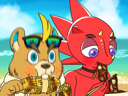  2021 animal_crossing anthro beach beaver blonde_hair blush buckteeth c.j._(animal_crossing) chameleon choker corn digital_media_(artwork) duo eating eyewear eyewear_on_head flick_(animal_crossing) food freckles hair humor jewelry lizard male mammal mujina_uranoya necklace nintendo outside plant reptile rodent scalie seaside sunglasses sunglasses_on_head teeth yakisoba 