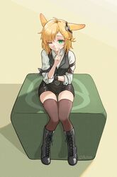  absurdres animal_ears antenna_hair arknights artist_name black_shorts black_thighhighs black_vest blonde_hair collared_shirt cube ear_ornament female finger_to_mouth green_eyes hand_up highres index_finger_raised jiuyu_qame kroos_(arknights) kroos_the_keen_glint_(arknights) long_sleeves looking_at_viewer medium_hair official_alternate_costume one_eye_closed rabbit_ears rabbit_girl shirt shorts shushing simple_background sitting skindentation solo thighhighs thighs unusually_open_eyes vest white_shirt yellow_background 