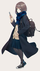  backpack bag black_coat black_footwear black_pantyhose blue_eyes blue_scarf blue_skirt brown_background brown_cardigan brown_hair cardigan cellphone coat commentary converse enpera female fringe_trim full_body high_tops highres holding holding_phone hyuuga_azuri long_sleeves open_clothes open_coat original pantyhose phone plaid plaid_scarf pleated_skirt scarf shoes simple_background skirt sleeves_past_wrists sneakers solo standing symbol-only_commentary 