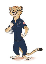  2020 absurd_res anthro barefoot black_spots brown_eyes cheetah clothed clothing disney fan_character feet felid feline fully_clothed fur hi_res male mammal markings neck_tuft open_mouth open_smile paramedic simple_background smile solo sophiecabra spots spotted_body spotted_fur standing tan_body tan_fur tuft white_background zootopia 