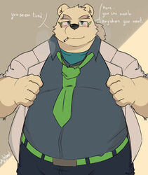  2021 anthro bear bottomwear clothing english_text eyewear glasses hi_res humanoid_hands kemono leib_(tas) lifewonders male mammal necktie overweight overweight_male pants polar_bear shirt smoking solo text tokyo_afterschool_summoners topwear ursine whitebeast20 