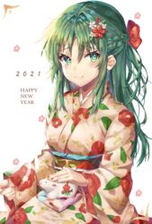  2021 braid breasts female flower green_eyes green_hair hair_behind_ear hair_flower hair_ornament happy_new_year highres japanese_clothes kimono light_blush long_hair minashiro_tsubaki new_year obi red_flower sash seiza sitting small_breasts smile solo soukyuu_no_fafner white_background yoru_usagi yukata 