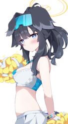  absurdres animal_ears bangle bare_arms bare_shoulders black_hair blue_archive blue_eyes blush bracelet breasts cheerleader cowboy_shot crop_top dog_ears dog_girl dog_tail eyewear_on_head female fuuna goggles goggles_on_head halo hibiki_(blue_archive) hibiki_(cheer_squad)_(blue_archive) highres holding holding_pom_poms jewelry long_hair looking_at_viewer medium_breasts midriff millennium_cheerleader_outfit_(blue_archive) official_alternate_costume pom_pom_(cheerleading) ponytail simple_background skirt solo tail white_background 