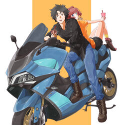  1boy absurdres back-to-back black_hair blue_eyes boots brown_eyes bubble_tea drink drinking_straw eating female food highres holding holding_drink holding_food kuon_(08080018) mikado_reo mikagami_mimika motor_vehicle on_scooter open_mouth red_hair scooter short_hair sitting soukyuu_no_fafner 