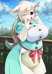  2018 4_fingers accessory alternate_version_at_source anthro apron big_breasts black_nose blue_eyes blush breasts button_(fastener) button_dress canid canine canis city cityscape clothed clothing cloud curvy_figure day detailed_background digital_media_(artwork) domestic_dog dress female female_anthro fingers fur green_clothing hair hair_accessory happy hi_res huge_breasts kemono mammal nn_197069 one_eye_closed open_mouth open_smile outside overweight overweight_anthro overweight_female plant ponytail portrait sky smile solo tan_body tan_fur tan_hair three-quarter_portrait tongue tree voluptuous white_clothing wink 