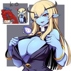  1boy bad_id bad_pixiv_id black_dress blonde_hair blood blue_skin breasts cleavage colored_skin demitri_maximoff dress female genderswap_(mtf) highres jedah_dohma kara_age large_breasts long_hair midnight_bliss open_mouth red_eyes rule_63 simple_background sleeveless sleeveless_dress smile thick_eyebrows vampire_(game) 