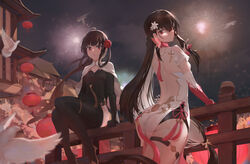  2girls ass bird black_hair black_thighhighs breasts china_dress chinese_clothes chinese_commentary commentary dress hair_ornament hand_in_own_hair highres looking_at_viewer looking_back multiple_girls ponytail pulao_(punishing:_gray_raven) punishing:_gray_raven qu:_pavo_(scarlet_spring)_(punishing:_gray_raven) qu_(punishing:_gray_raven) railing rl_(ruoli) sitting thighhighs thighs 