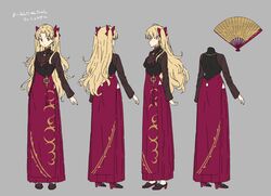  blonde_hair commentary dress earrings ereshkigal_(fate) ereshkigal_(youming_niangniang)_(fate) fate/grand_order fate_(series) female full_body grey_background hair_ribbon hand_fan high_heels highres imigimuru jewelry long_hair multiple_views nail_polish parted_bangs red_dress reference_sheet ribbon translated turnaround two_side_up very_long_hair vietnamese_dress 