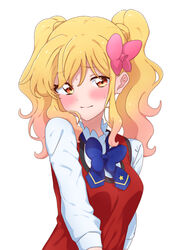  aikatsu!_(series) aikatsu_stars! arm_at_side blonde_hair blue_bow blue_bowtie blush bow bowtie breasts closed_mouth commentary curly_hair female furrowed_brow gradient_hair hairbow highres jacket kumahubuki long_sleeves looking_at_viewer medium_hair multicolored_hair nijino_yume orange_eyes orange_hair pink_bow red_jacket sidelocks simple_background sleeveless sleeveless_jacket small_breasts solo sweat symbol-only_commentary twintails upper_body wavy_hair white_background white_sleeves 