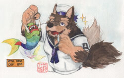  anthro bodily_fluids canid canine canis countershading domestic_dog drooling felixleong fish fishing humor hungry lifewonders live_a_hero male mammal marine one_eye_closed pubraseer sailor sailor_hat sailor_uniform saliva solo sparkles tail tail_motion tailwag toronoekaki traditional_media_(artwork) wink 