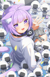  :3 :d ahoge animal_ear_fluff animal_ears anniversary bird bow breasts cat_ears cat_girl cat_tail celebration collar collared_shirt commentary feet_out_of_frame female food from_above hand_on_own_chest headphones headphones_around_neck highres hololive large_breasts long_sleeves looking_at_viewer looking_back medium_hair milestone_celebration nekomata_okayu nekomata_okayu_(oversized_shirt) oerba_yun_fang official_alternate_costume onigiri onigirya_(nekomata_okayu) open_mouth ponono purple_bow purple_collar purple_eyes purple_hair shirt sitting smile solo standing tail tail_raised temari_(nekomata_okayu) virtual_youtuber white_background white_shirt 