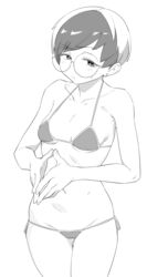  alternate_costume bare_arms bikini blush breasts closed_mouth collarbone commentary_request cowboy_shot female frown glasses greyscale half-closed_eyes highres looking_down makino_harumaki monochrome multicolored_hair navel own_hands_together penny_(pokemon) pokemon pokemon_sv round_eyewear short_hair side-tie_bikini_bottom small_breasts solo sweatdrop swimsuit two-tone_hair 