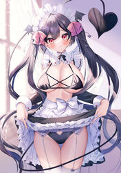  apron ayuma_sayu bikini black_hair breasts cleavage clothes_lift demon_girl demon_tail dress dress_lift female frilled_apron frills garter_straps highres large_breasts looking_at_viewer maid maid_apron maid_bikini maid_headdress original panties red_eyes riasu-chan_(ayuma_sayu) skirt skirt_lift smile solo swimsuit tail thick_thighs thigh_gap thighhighs thighs tongue tongue_out twintails unconventional_maid underwear 