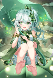  :d absurdres bare_shoulders barefoot blush bracer chanpower233 crossed_bangs crystalfly_(genshin_impact) dress feet female full_body genshin_impact green_eyes green_hair hair_ornament highres holding holding_leaf leaf leaf_hair_ornament long_hair looking_at_viewer multicolored_hair nahida_(genshin_impact) open_mouth short_shorts shorts side_ponytail sidelocks sitting smile soles solo teeth toes two-tone_hair upper_teeth_only white_dress white_hair white_shorts 