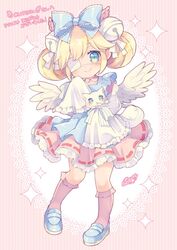  animal apron aruya_(flosrota) bag bell blonde_hair blue_apron blue_bow blue_eyes blue_footwear blush bow closed_mouth collared_dress commentary_request commission cutesu_(cutesuu) double_bun dress eyepatch feathered_wings feline female frilled_dress frills full_body hair_bell hair_bun hair_ornament hairbow jingle_bell juliet_sleeves kneehighs loafers long_sleeves medical_eyepatch mini_wings original pink_dress pink_socks puffy_sleeves ribbon-trimmed_dress shoes shoulder_bag skeb_commission sleeves_past_fingers sleeves_past_wrists smile socks solo sparkle striped striped_background vertical_stripes white_cat white_wings wide_sleeves wings 