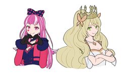  2girls alternate_hairstyle black_gloves blonde_hair bow breasts celine_(fire_emblem) cleavage commentary_request crossed_arms crown dress facial_mark fire_emblem fire_emblem_engage gloves green_eyes hahm0106 hair_down hairbow hands_up heart heart_hands hortensia_(fire_emblem) jacket korean_commentary long_hair looking_at_viewer multiple_girls official_alternate_costume pink_eyes pink_hair pink_jacket polka_dot polka_dot_bow short_sleeves simple_background smile upper_body very_long_hair white_background white_dress 