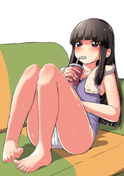  alternate_costume barefoot bendy_straw black_hair breasts cup disposable_cup drink drinking drinking_straw drinking_straw_in_mouth feet female hair_down highres holding holding_cup kantai_collection kitakami_(kancolle) legs long_hair mochisaka_mitsuki panties purple_eyes purple_shirt shirt sidelocks sitting sleeveless sleeveless_shirt small_breasts solo sweat textless_version toenails toes underwear white_panties 