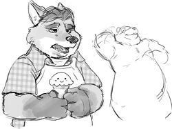  2016 anthro apron canid canine clothing disney fox gideon_grey humanoid_hands kemono kumagaya_shin kumagayasin male mammal monochrome overweight overweight_male red_fox shirt simple_background solo topwear true_fox white_background zootopia 